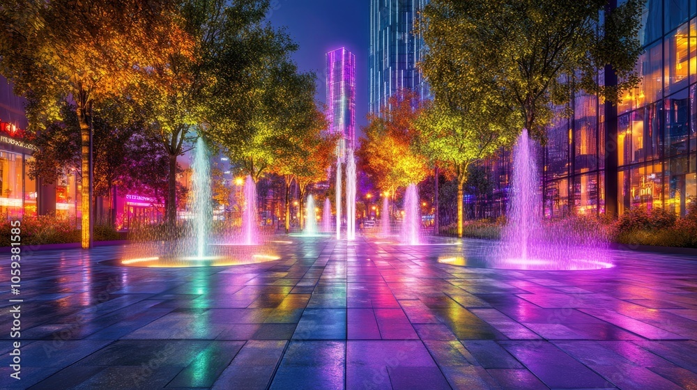 Colorful Night Fountains in Urban Landscape Colorful Night Fountains in Urban Landscape