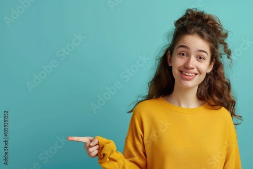 Cheerful girl pointing at empty space in colorful background.