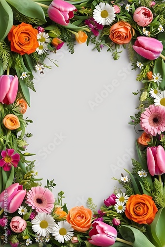 A delicate and ornate floral frame created from an array of vibrant and fresh flowers, including pink tulips, orange roses, and white daisies, intermingled with lush green foliage and smaller blooms. 
