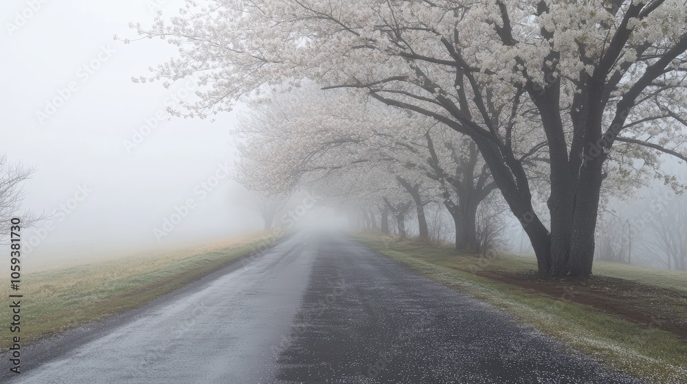 Fototapeta premium Misty Road Surrounded by Blossom Trees