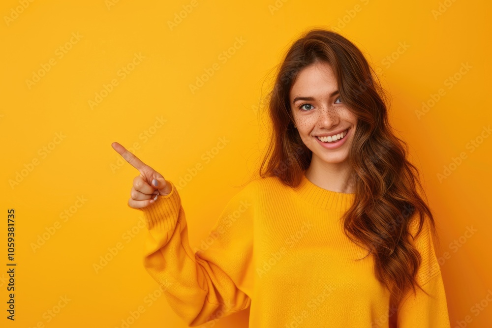 Cheerful girl pointing at empty space in colorful background. Cheerful girl pointing at empty space in colorful background.