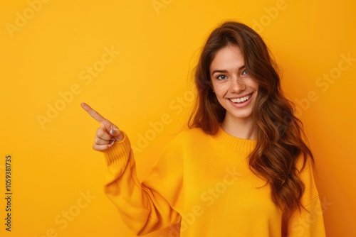 Cheerful girl pointing at empty space in colorful background.