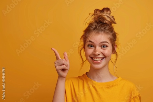 Cheerful girl pointing at empty space in colorful background.