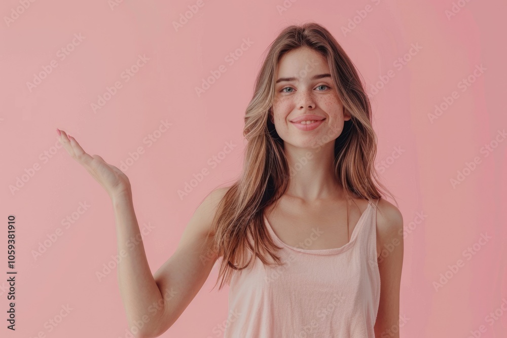 Cheerful girl holding empty space ad on pink background. Cheerful girl holding empty space ad on pink background.