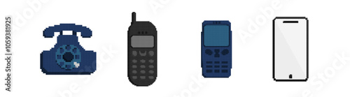 Pixel retro and modern phones set. Evolution of communication devices from disk with handset to push button and internet smartphones for gaming techno vector design