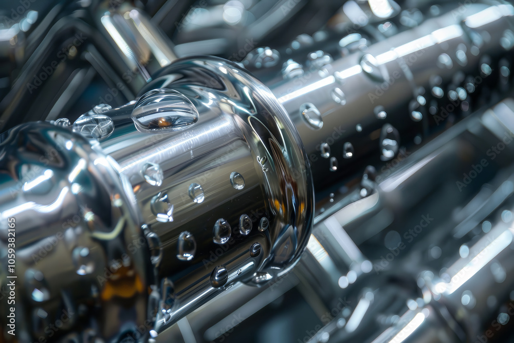 Water droplets cling to a shiny metal surface, reflecting light and highlighting the detailed texture. The scene captures the beauty of moisture on metal Water droplets cling to a shiny metal surface, reflecting light and highlighting the detailed texture. The scene captures the beauty of moisture on metal