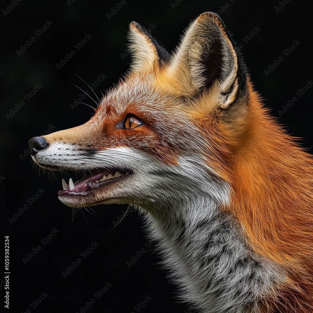 Fototapeta premium A fox is shown with its mouth open, showing its teeth. The image has a dark background, which adds to the mysterious and wild atmosphere of the scene