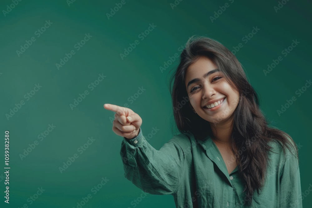Cheerful Pakistani girl pointing to copy space in studio portrait Cheerful Pakistani girl pointing to copy space in studio portrait