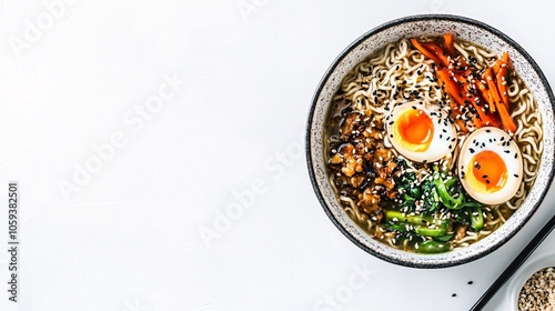 A bowl of ramen noodles with two soft-boiled eggs, spinach, carrots, and sesame seeds on a white background. Generative ai