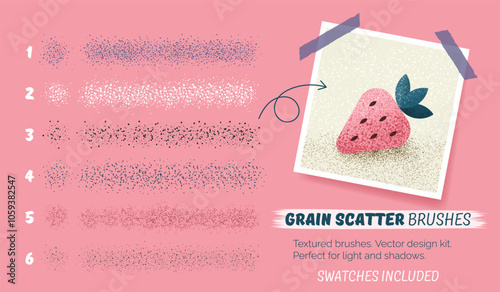 Grain scatter brushes. Set of abstract grunge strokes. Creative collection with noise effect, grunge textures, paint splash, halftone. Vector design kit. Swatches included. Editable size and color.