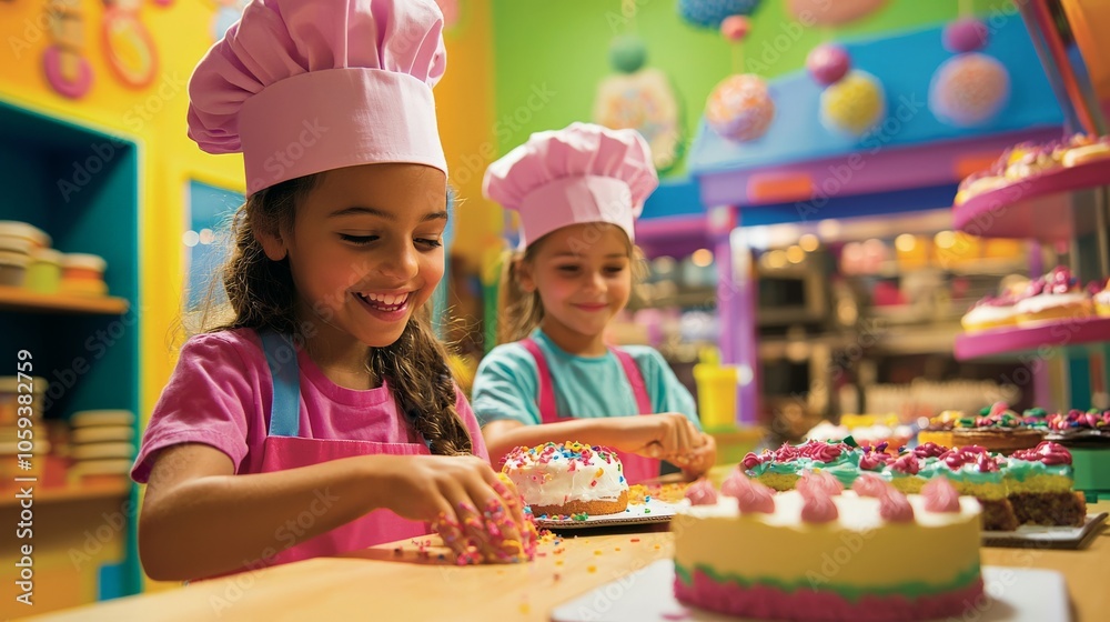 Children role-playing as chefs, baking and decorating cakes in a colorful bakery setting Children role-playing as chefs, baking and decorating cakes in a colorful bakery setting
