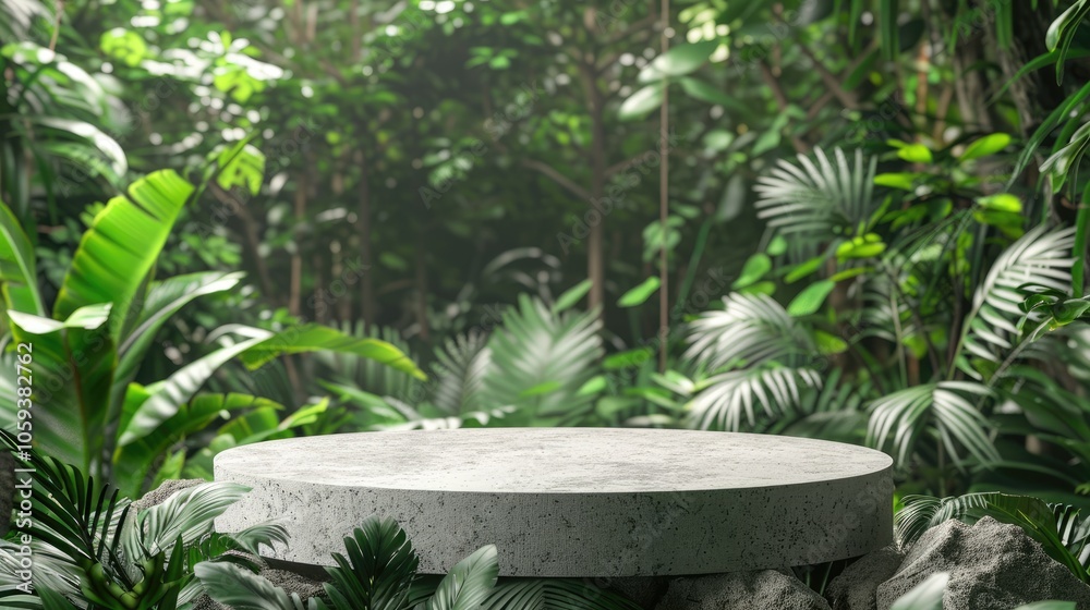 Tropical forest setting with stone and concrete podium, empty showcase in nature scene for product display with green leaves background. Tropical forest setting with stone and concrete podium, empty showcase in nature scene for product display with green leaves background.