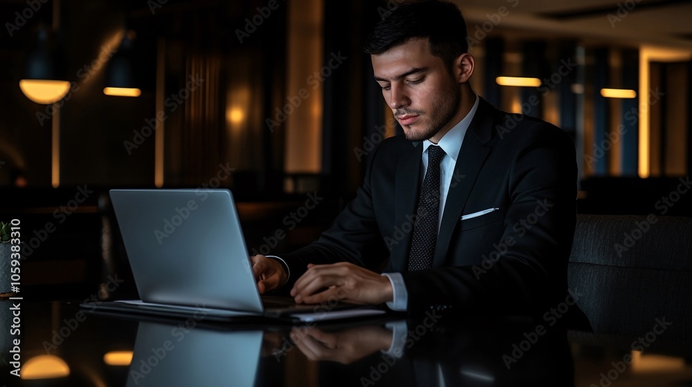 A businessman in a suit working on his laptop in a dimly lit office. Generative ai A businessman in a suit working on his laptop in a dimly lit office. Generative ai