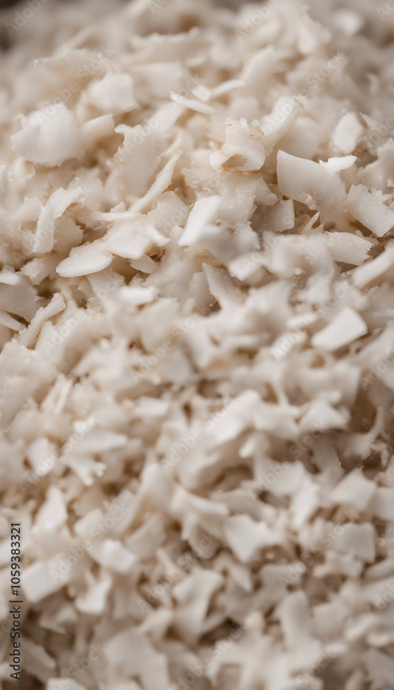 A pile of coconut flakes closeup view vertical A pile of coconut flakes closeup view vertical