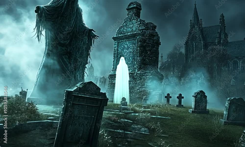 A ghostly figure looms over a foggy graveyard, creating an eerie, supernatural atmosphere. A ghostly figure looms over a foggy graveyard, creating an eerie, supernatural atmosphere.