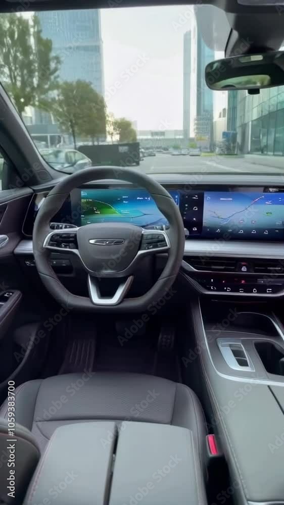 Interior View of Autonomous Car in Modern City, Inside view of a self-driving car with digital dashboard and navigation, driving through a cityscape with tall buildings. Interior View of Autonomous Car in Modern City, Inside view of a self-driving car with digital dashboard and navigation, driving through a cityscape with tall buildings.
