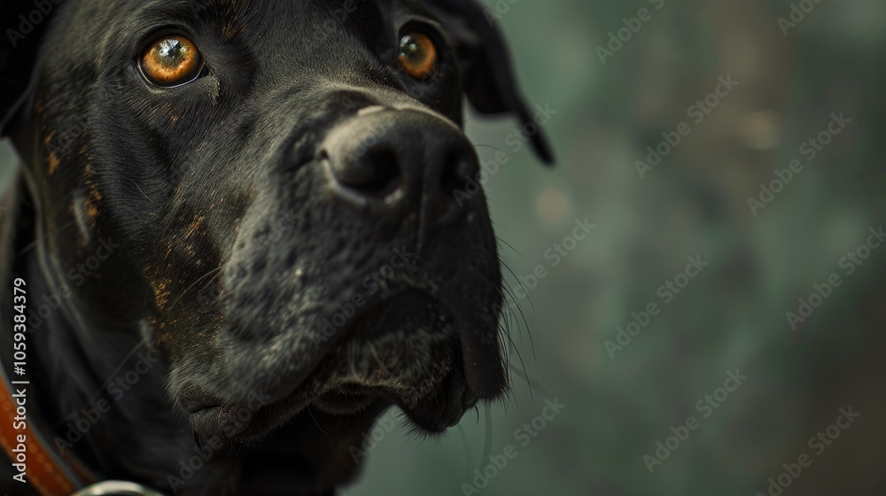 Obraz premium A black dog with striking amber eyes gazes attentively into the distance, wearing a brown leather collar against a soft green blurred background.