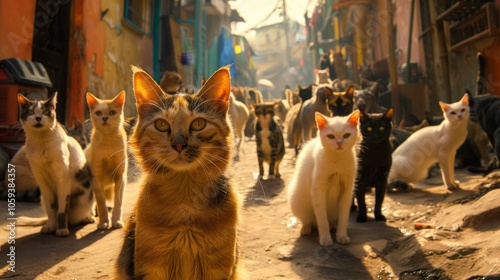 A diverse group of cats gather together in a sunny alley, where sunlight filters through, casting dramatic shadows and creating an intriguing scene of feline curiosity.