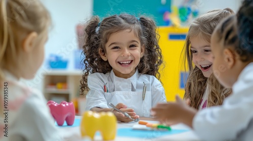 Children role-playing as dentists, using dental tools and explaining hygiene to other kids photo