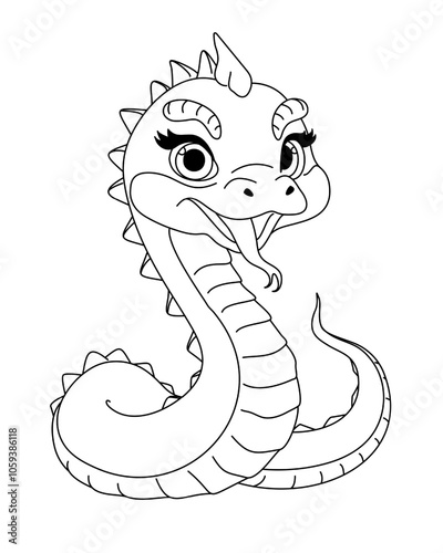 Adorable snake character with a friendly expression, large eyes, and spiky details along its back, designed for 2025 Lunar Year of the Snake coloring book page. Perfect for kids to color and celebrate