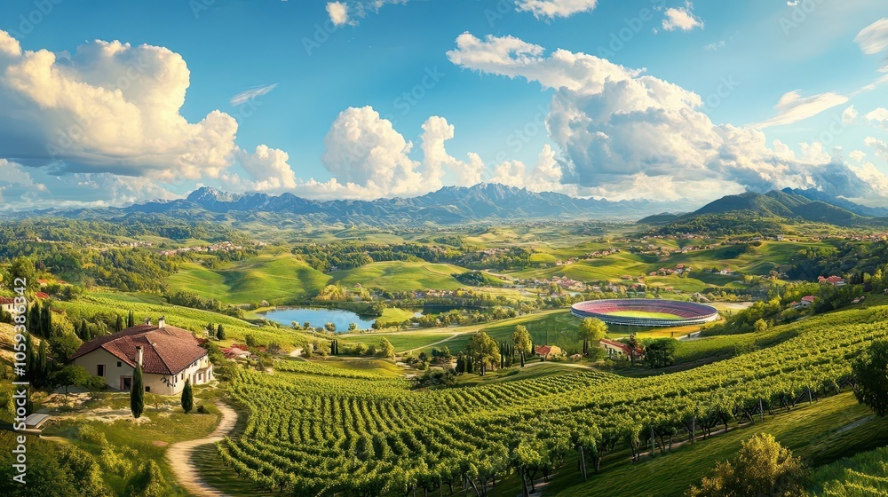 A stadium surrounded by vineyards and open farmland, symbolizing rural beauty and largescale sports events A stadium surrounded by vineyards and open farmland, symbolizing rural beauty and largescale sports events
