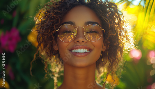Candid Smiles and Sunshine: A Happy Gathering in Nature. Non-existent person.