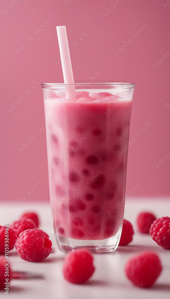 Delicious tasty raspberry fruit bubble boba tea with raspberry fruit vertical Delicious tasty raspberry fruit bubble boba tea with raspberry fruit vertical