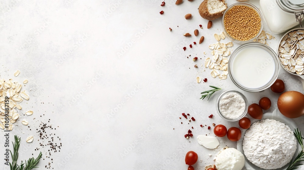A flat lay of ingredients for baking on a white background, including flour, eggs, milk, sugar, almonds, rosemary, and tomatoes. Generative ai A flat lay of ingredients for baking on a white background, including flour, eggs, milk, sugar, almonds, rosemary, and tomatoes. Generative ai