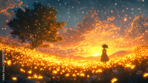 A Magical Evening: A Girl in a Meadow Filled with Shimmering Fireflies