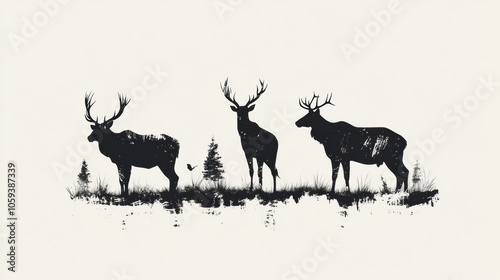 Three wild animals stand silhouetted against a soft background, showcasing their elegant forms in minimalist ink art. Generative AI