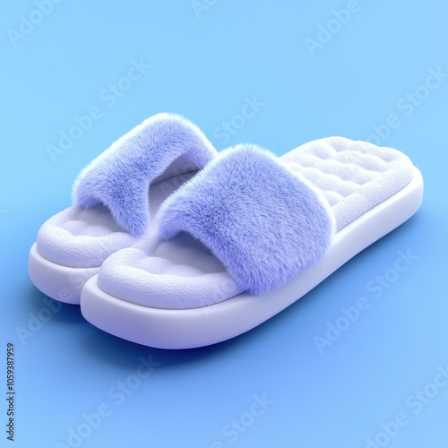 Lavender Fuzzy Slippers on a Pastel Blue Background