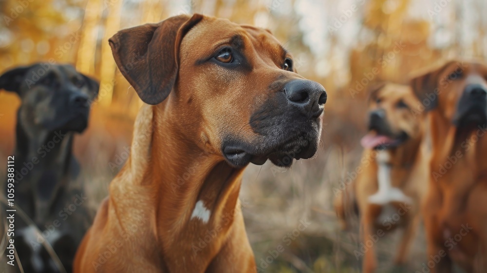 A group of attentive, brown dogs explore the autumn forest together, showcasing camaraderie and exploration amidst the changing seasons' beautiful scenery. A group of attentive, brown dogs explore the autumn forest together, showcasing camaraderie and exploration amidst the changing seasons' beautiful scenery.