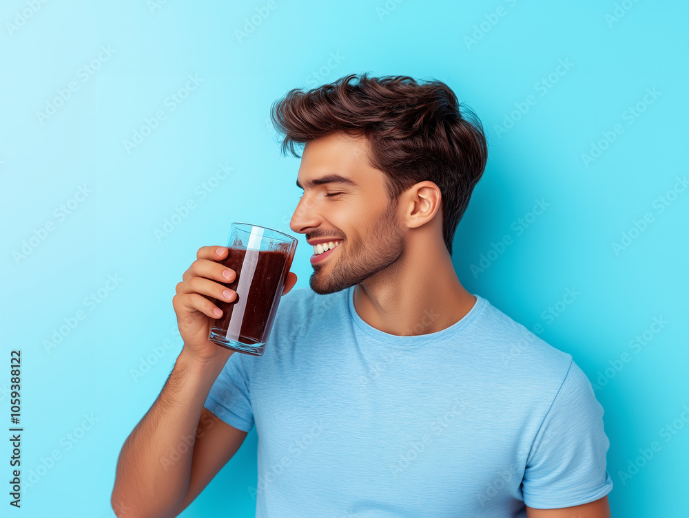 Man Enjoying a Healthy Chocolate Smoothie Against a Bright Background Man Enjoying a Healthy Chocolate Smoothie Against a Bright Background