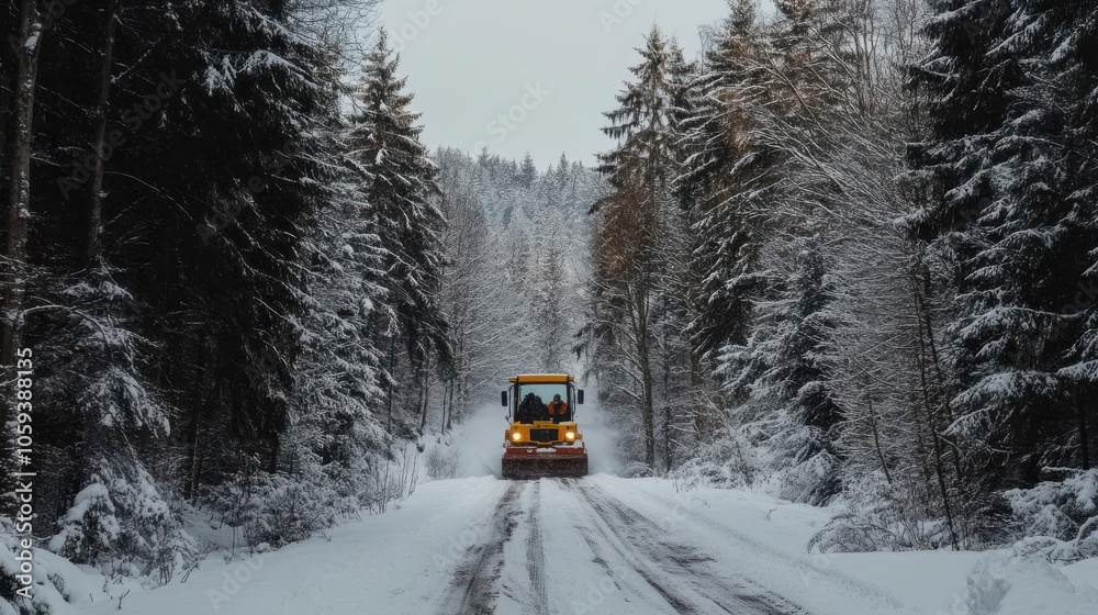 Large snowplough pushing snow from narrow rural path, snowy forest surrounding, winter resilience Large snowplough pushing snow from narrow rural path, snowy forest surrounding, winter resilience