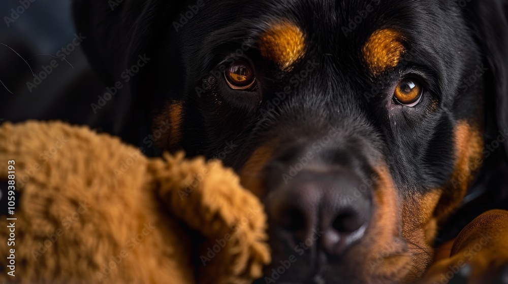 Close-up of a Rottweiler puppy resting with a plush toy, capturing a tender moment of companionship and comfort, with expressive eyes highlighting emotion. Close-up of a Rottweiler puppy resting with a plush toy, capturing a tender moment of companionship and comfort, with expressive eyes highlighting emotion.
