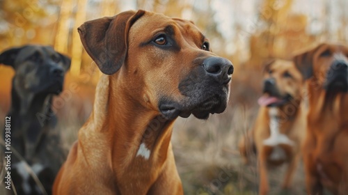 A group of attentive, brown dogs explore the autumn forest together, showcasing camaraderie and exploration amidst the changing seasons' beautiful scenery.