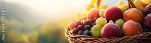 A vibrant basket filled with assorted fresh fruits against a blurred natural backdrop, perfect for wellness, cooking, or lifestyle projects, It conveys freshness and the joy of healthy eating,
