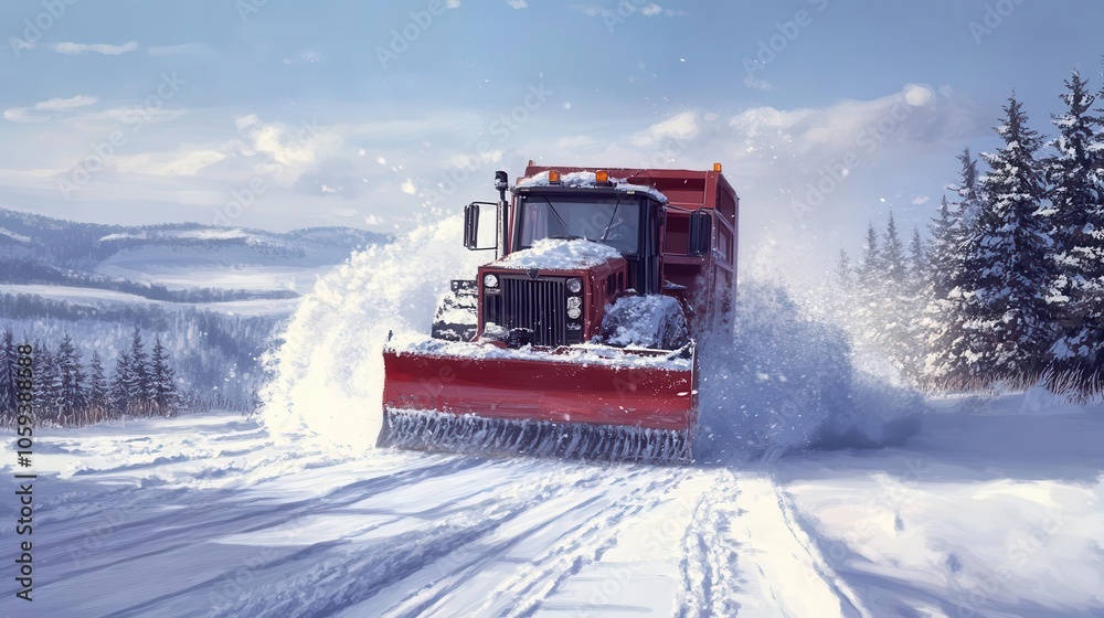 Large snowplough with snow swirling off blades, road clearing after snowstorm, cold winter Large snowplough with snow swirling off blades, road clearing after snowstorm, cold winter