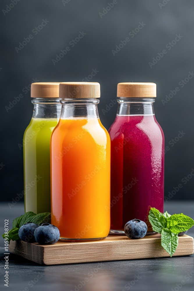Three vibrant bottles of fruit juices are showcased on a wooden tray, surrounded by fresh blueberries and mint leaves, ideal for health and wellness promotions, recipes, or beverage advertisements, Three vibrant bottles of fruit juices are showcased on a wooden tray, surrounded by fresh blueberries and mint leaves, ideal for health and wellness promotions, recipes, or beverage advertisements,