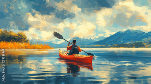Kayaking on a Serene Lake, Recreation Day, illustration,