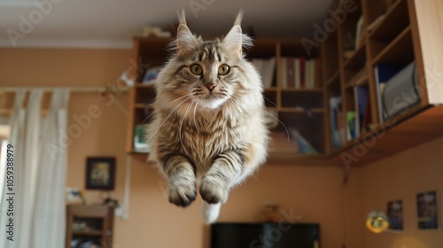 A majestic Maine Coon cat captured mid-leap, gracefully flying through a cozy modern living room filled with books and wooden shelves, a playful adventure indoors.