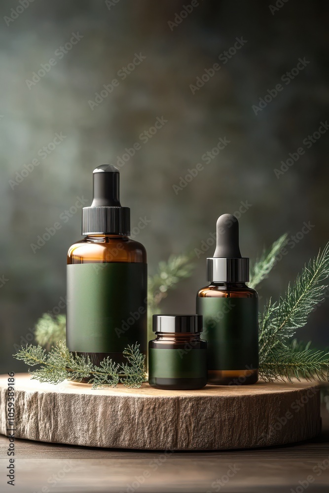 Rustic wooden surface showcases three amber glass bottles of various sizes surrounded by greenery, perfect for cosmetic or skincare product branding, advertising, or promotional materials, Rustic wooden surface showcases three amber glass bottles of various sizes surrounded by greenery, perfect for cosmetic or skincare product branding, advertising, or promotional materials,