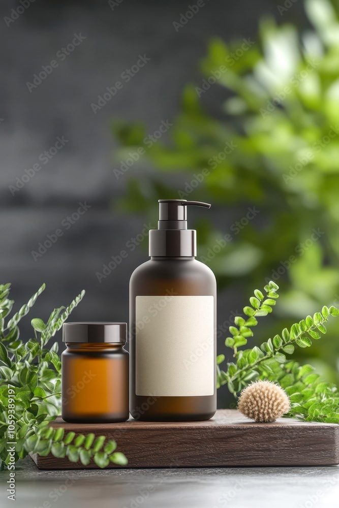 A close-up of two amber cosmetic containers on a wooden surface, surrounded by lush greenery, ideal for promoting skincare products, wellness, or natural beauty themes,
