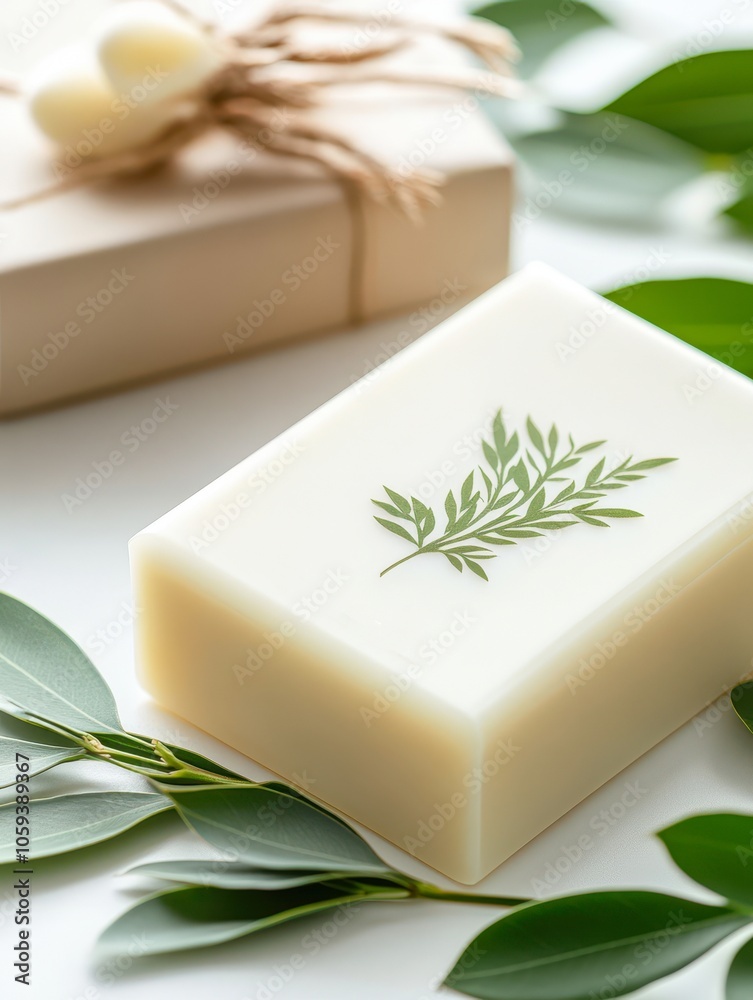 A beautifully arranged soap bar with a delicate leaf design sits beside green foliage and a wrapped gift box, Ideal for wellness, spa, or eco-friendly product promotions,