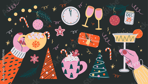Playful hand-drawn Christmas and New Year holiday illustration in flat style with modern bright colors. Elements such as hot cocoa, cocktails, candy canes, Christmas trees, gift boxes, holiday lights