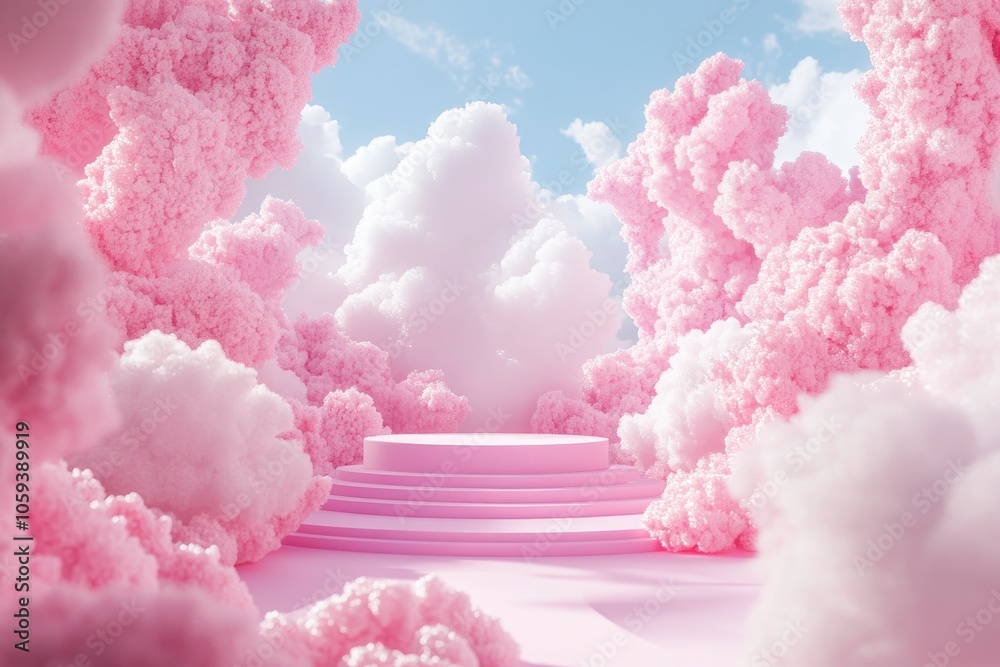 Valentine background vector pink 3d rendering with podium and white scene clouds, 3d clouds minimal background 3d rendering valentine love pink pastel podium. with generative ai