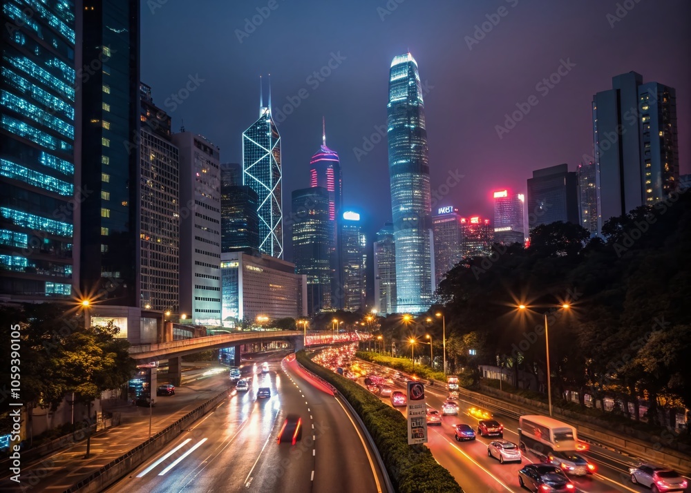 Naklejka premium Night City Traffic in Hong Kong - Vibrant Urban Scene with Dynamic Lights and Skyscrapers