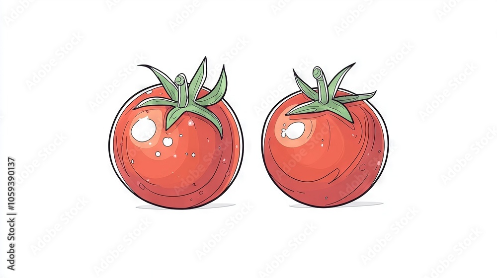 A pair of tomatoes resting atop white surfaces A pair of tomatoes resting atop white surfaces