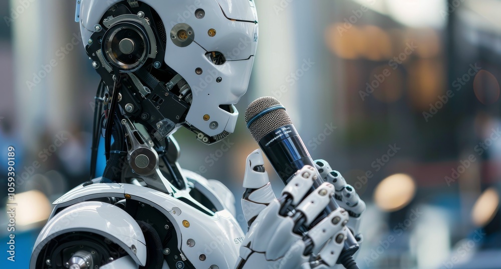 Fototapeta premium White Robot Holding a Microphone in Front of a Blurry Background