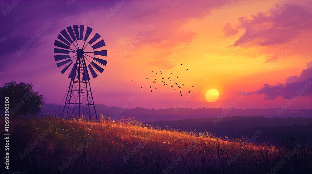 Serene Sunset Windmill Scene: A Stunning Poster for Tranquil Home Décor or Sports Interior, Showcasing a Majestic Windmill, Vibrant Sky, and Flock of Birds in Perfect Harmony. Serene Sunset Windmill Scene: A Stunning Poster for Tranquil Home Décor or Sports Interior, Showcasing a Majestic Windmill, Vibrant Sky, and Flock of Birds in Perfect Harmony.